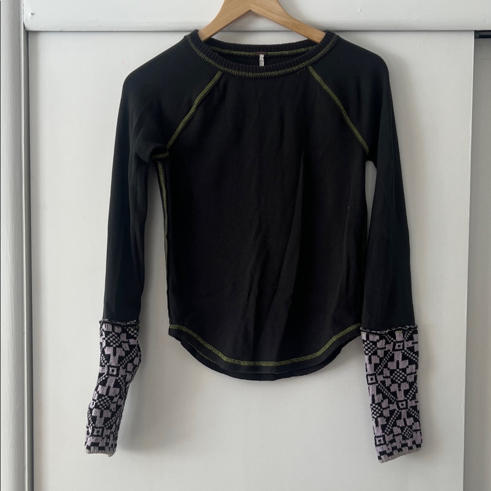 Free People Grey Top with Patterned Sleeves